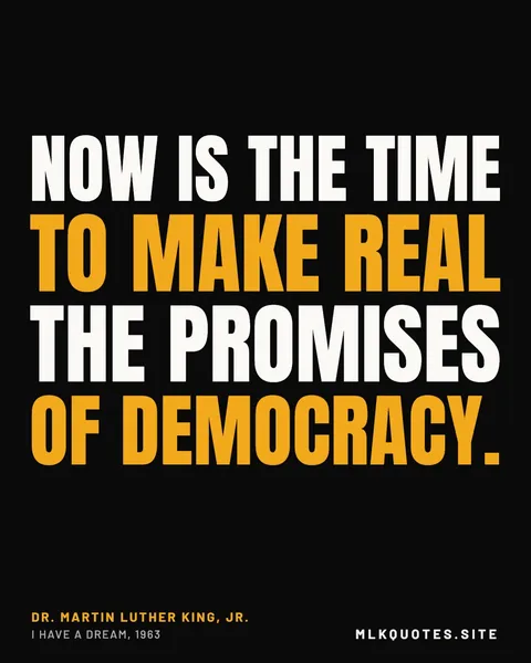Quote image: “Now is the time to make real the promises of democracy.” Martin Luther King Jr., I Have a Dream, 1963.